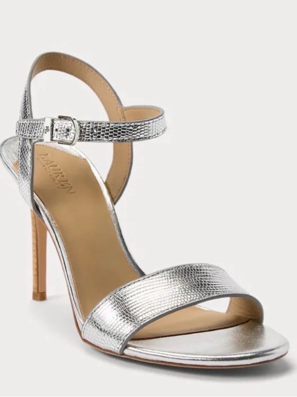 Lauren Ralph Lauren Gwen Silver Metallic Lizard Embossed Heels Sandals 9B